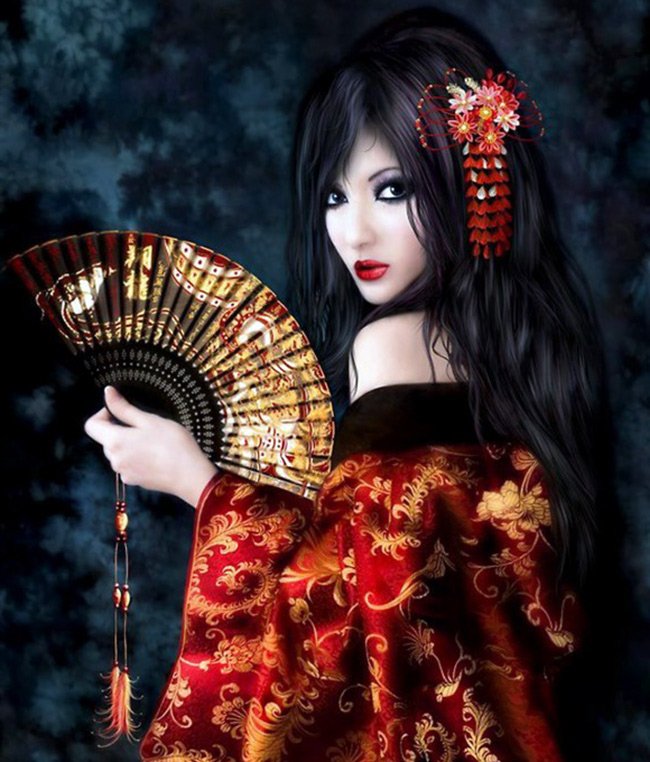 Fille brune mystérieuse avec un ventilateur