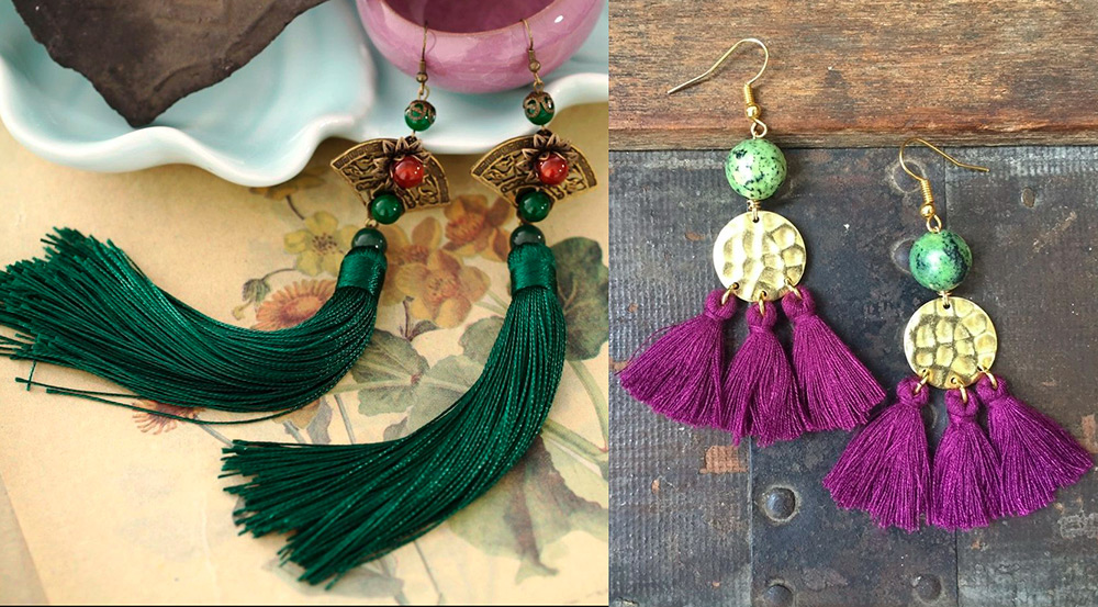 Boucles d'oreilles pompon vert et violet