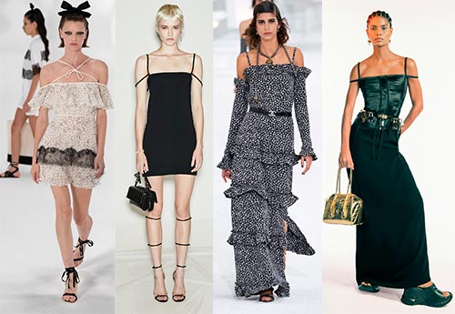 Robes et hauts à la mode avec de fines bretelles spaghetti